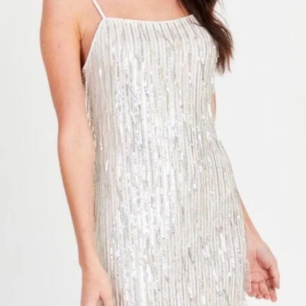 Altar’d State Gwen Sequin Fringe Dress White Silver Size XL Adjustable Straps